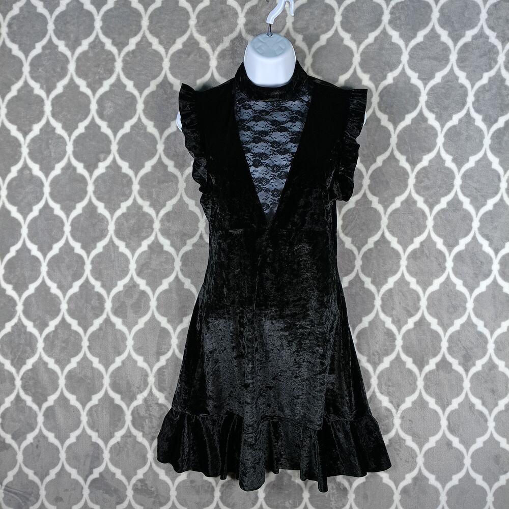Storia Dress Women Size Medium Black Crushed Velvet Goth Lace Ruffle Deep V - Picture 1 of 10